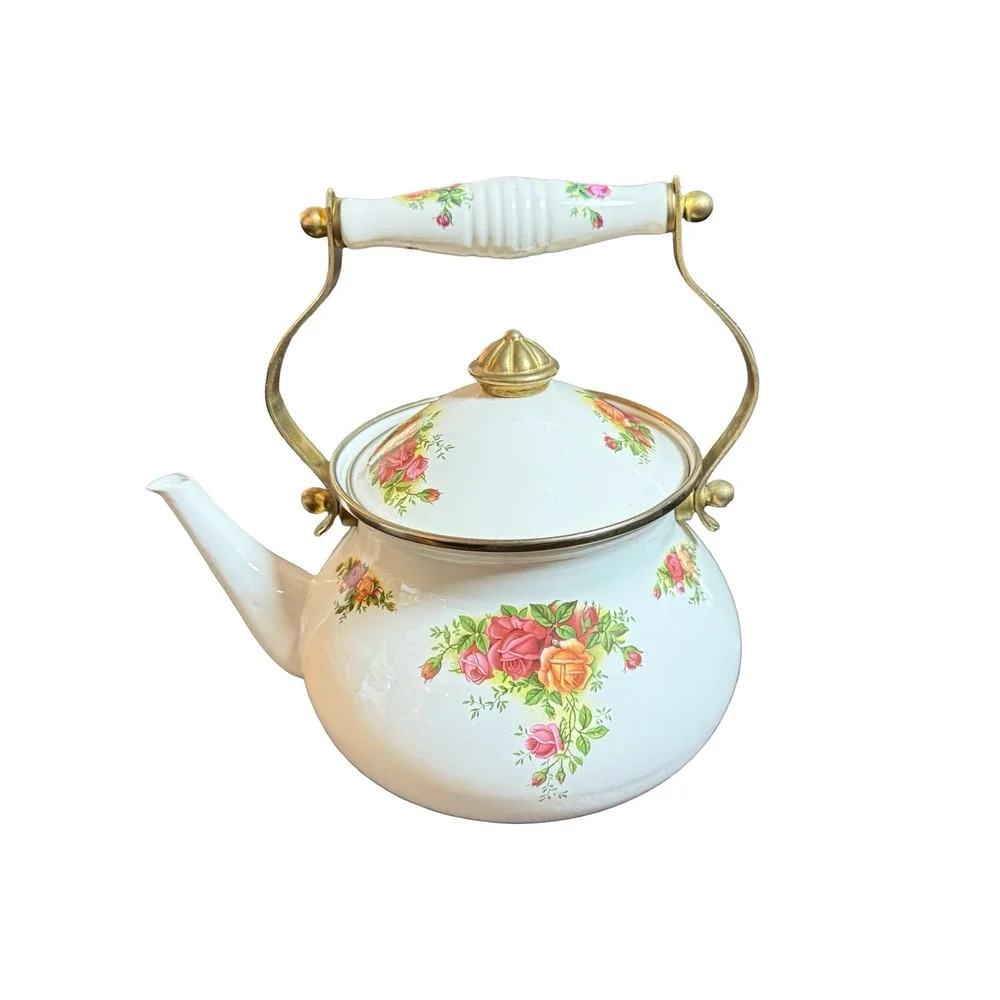 Royal Albert Old Country Roses Enamel‎ Tea Kettle Vintage Floral Teapot Brass